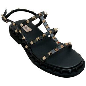 Valentino Black Leather Multi Strap Rockstud Flat Sandals